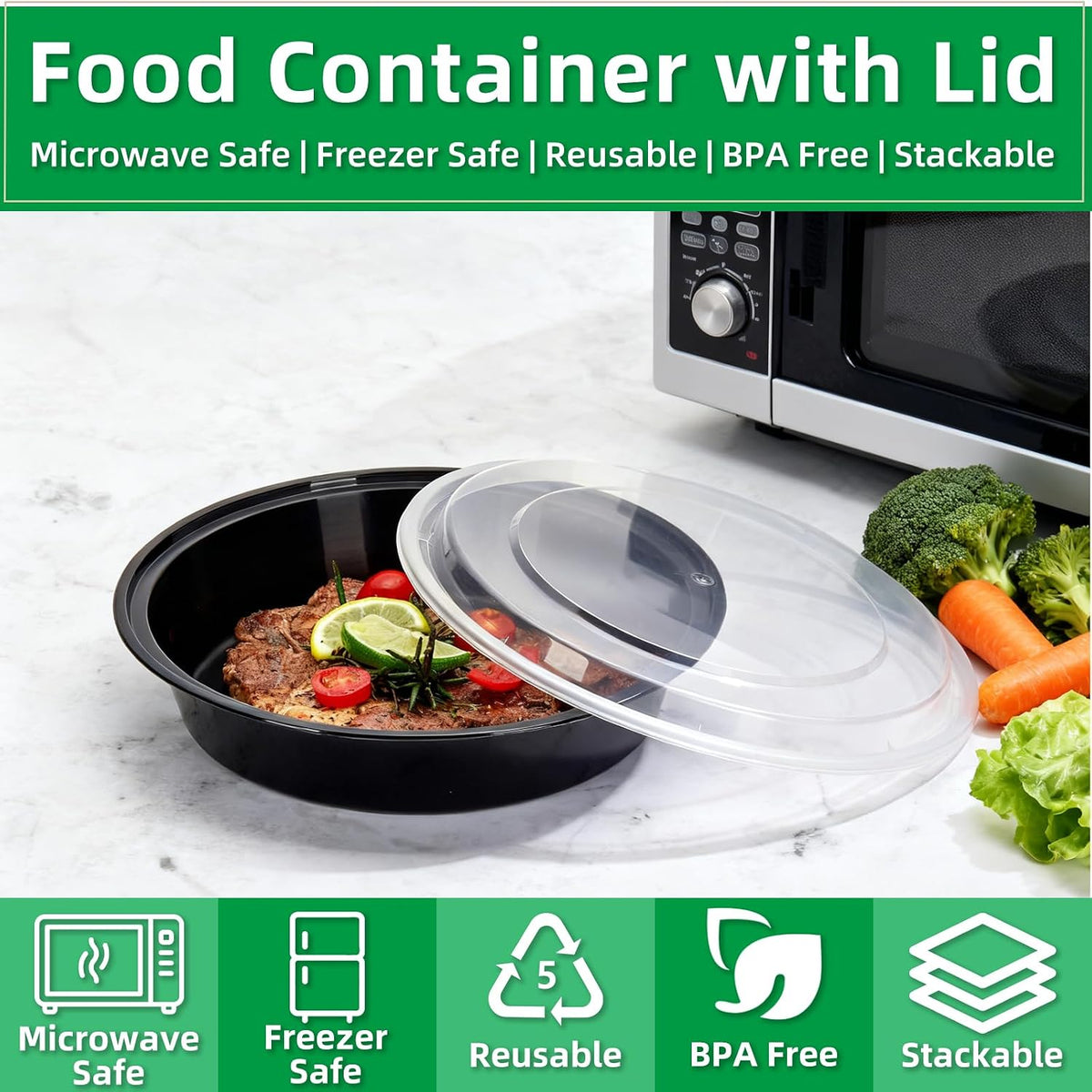 Meal Prep Containers Reusable 50 Pack-23 oz Food Storage Containers with Lids To Go Food Containers Takeout, Microwave Dishwasher Freezer Safe, Stackable, BPA Free, Plastic (Black)