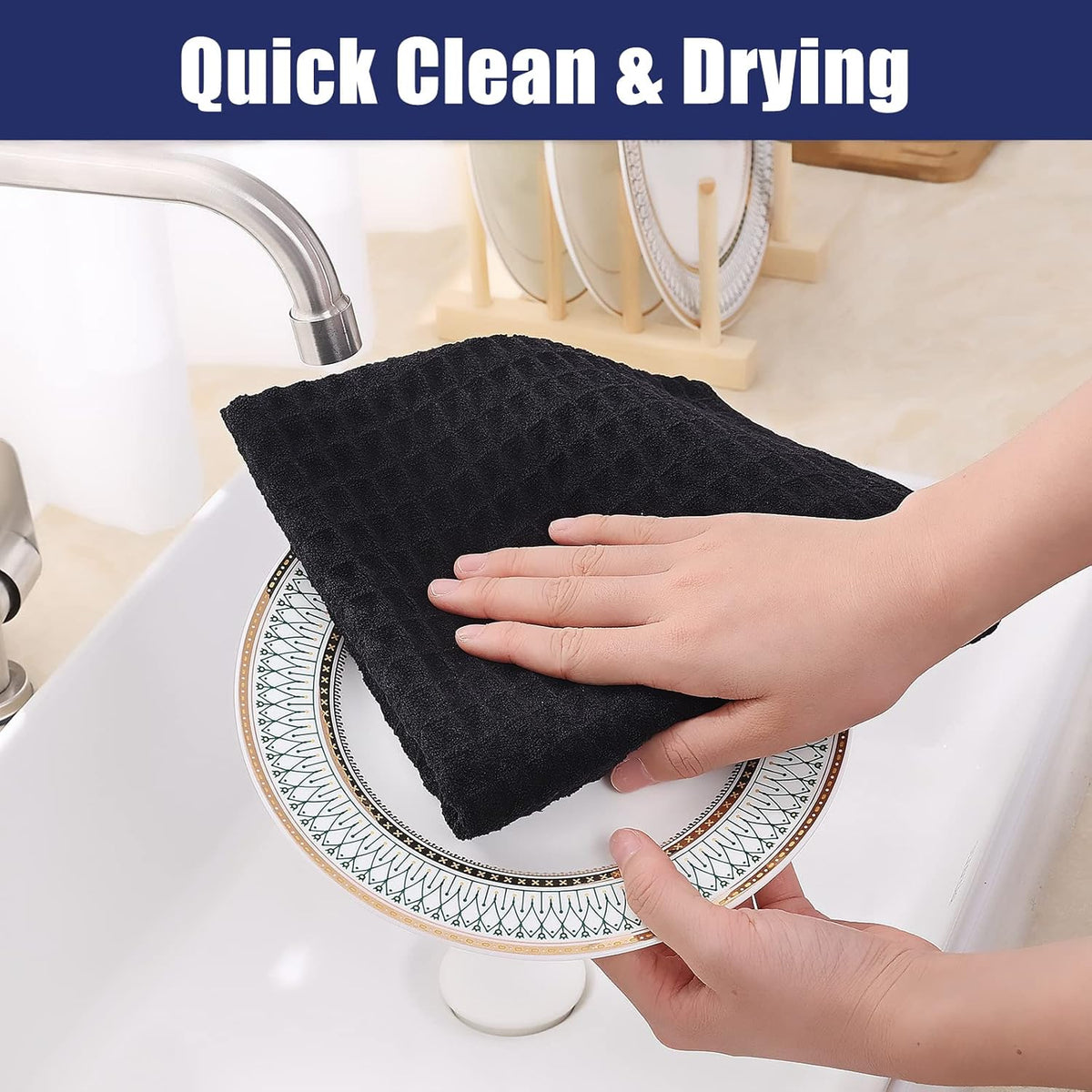 Homaxy Microfiber Waffle Weave Kitchen Towels, 16 x 28 Inch Ultra Absorbent and Solid Color Dish Towels, 4 Pack, Black