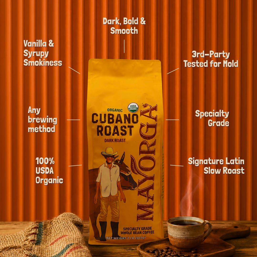 Mayorga Organic Coffee 2lb Cafe Cubano Roast - Dark Roast Whole Bean Specialty Grade Coffee