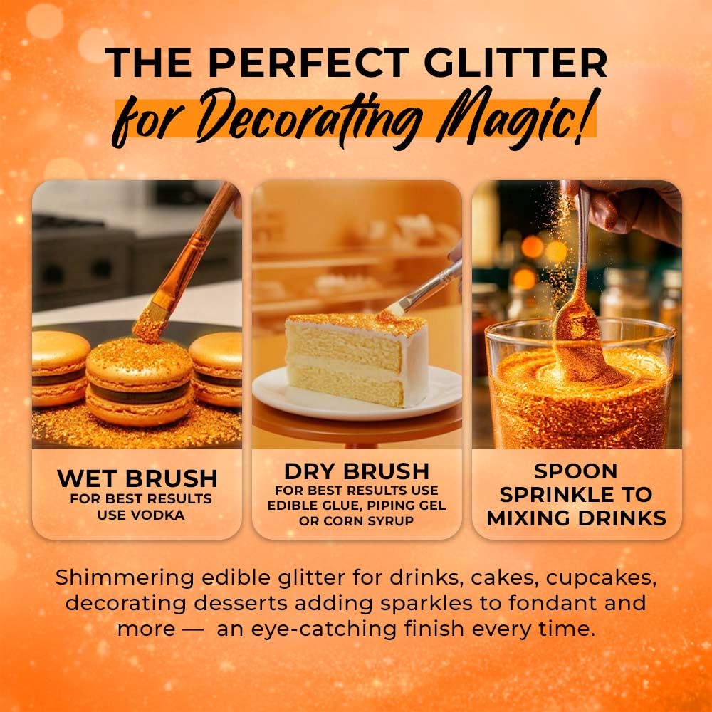 Halloween Orange Edible Glitter for Drinks | Premium Orange Tangerine Edible Glitter for Cakes Drink - Shimmer Glitters Cake Decorations for Strawberries Cocktail Shimmering