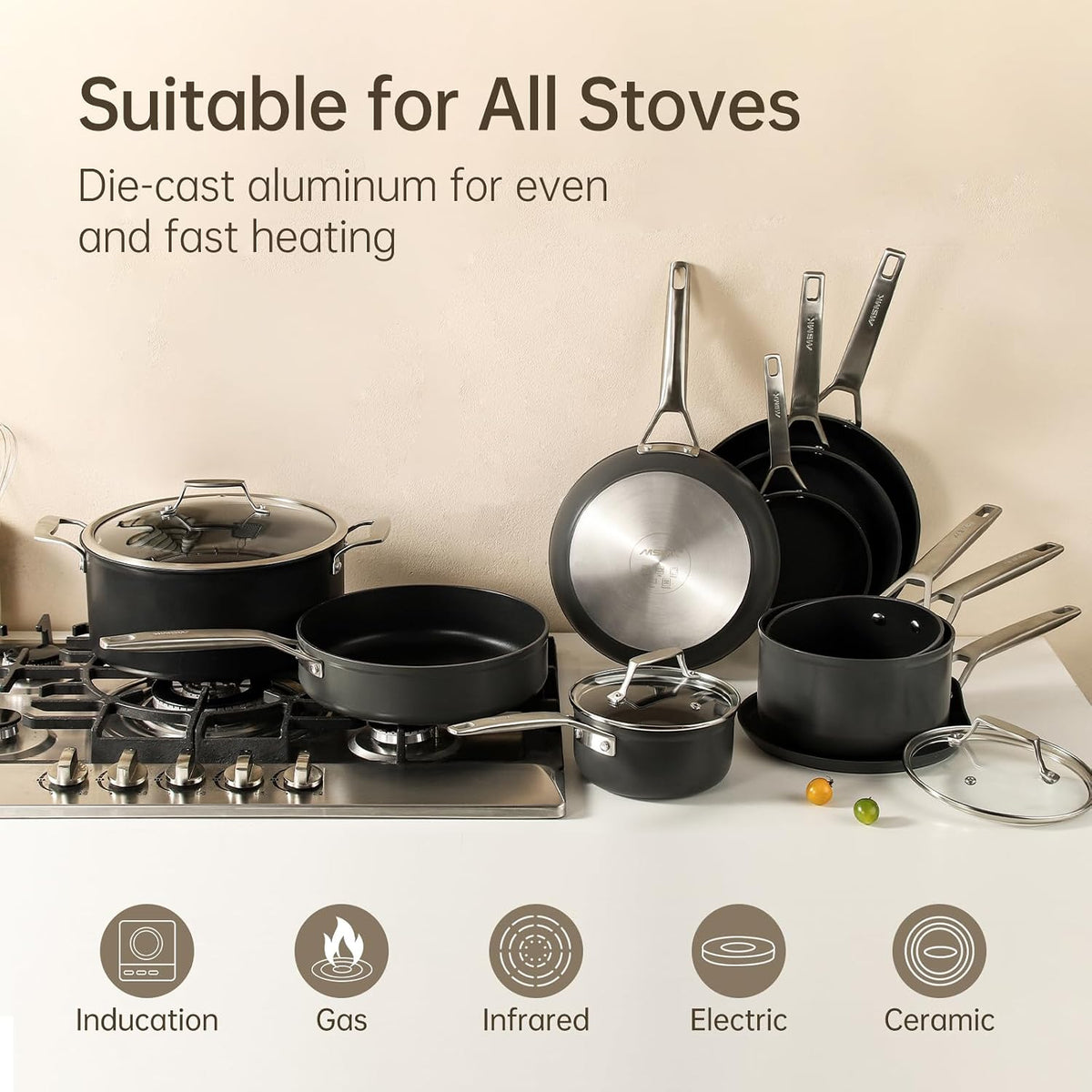MsMk 12 Inch Nonstick Frying Pan with Lid, Titanium and Ceramic Nonstick skillet with lid, PFOA Free, Non-Toxic, Stay-Cool Handle, Scratch-resistant, Dishwasher Safe, Oven Safe to 700°F