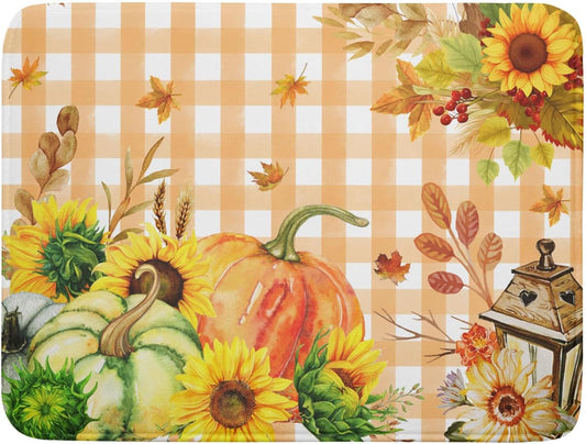Autumn Maple Leaf Orange White Check Plaids Dish Drying Mat for Kitchen Counter,Fall Sunflower Pumpkin Drying Mat 18 x 24