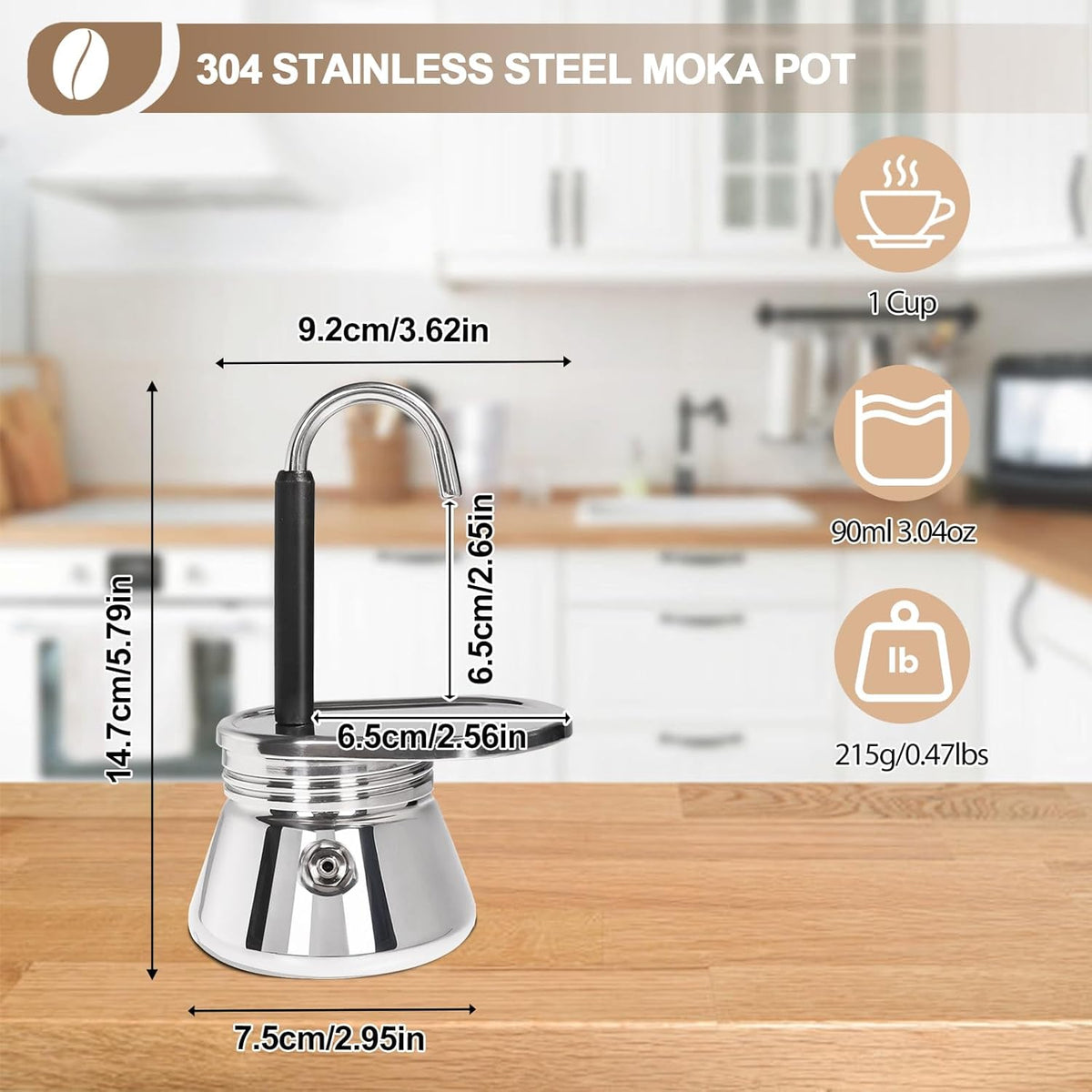 Uncoated 1 Cup Single Tube Moka Pot 304 Thickened Stainless Steel | Mini Coffee Maker Stovetop Espresso Coffeemaker Italian Classic Style Brewing Greca Cafe Machine for Camping Travel Home 90ml