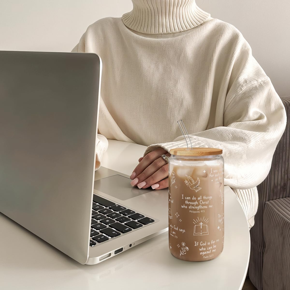 SANDJEST Christian Glass Can, I am Child of God Cup with Lid &amp; Straw, Iced Coffee Aesthetic Cups, Idea Gift for Christmas Birthday, Gifts for Women, 16oz