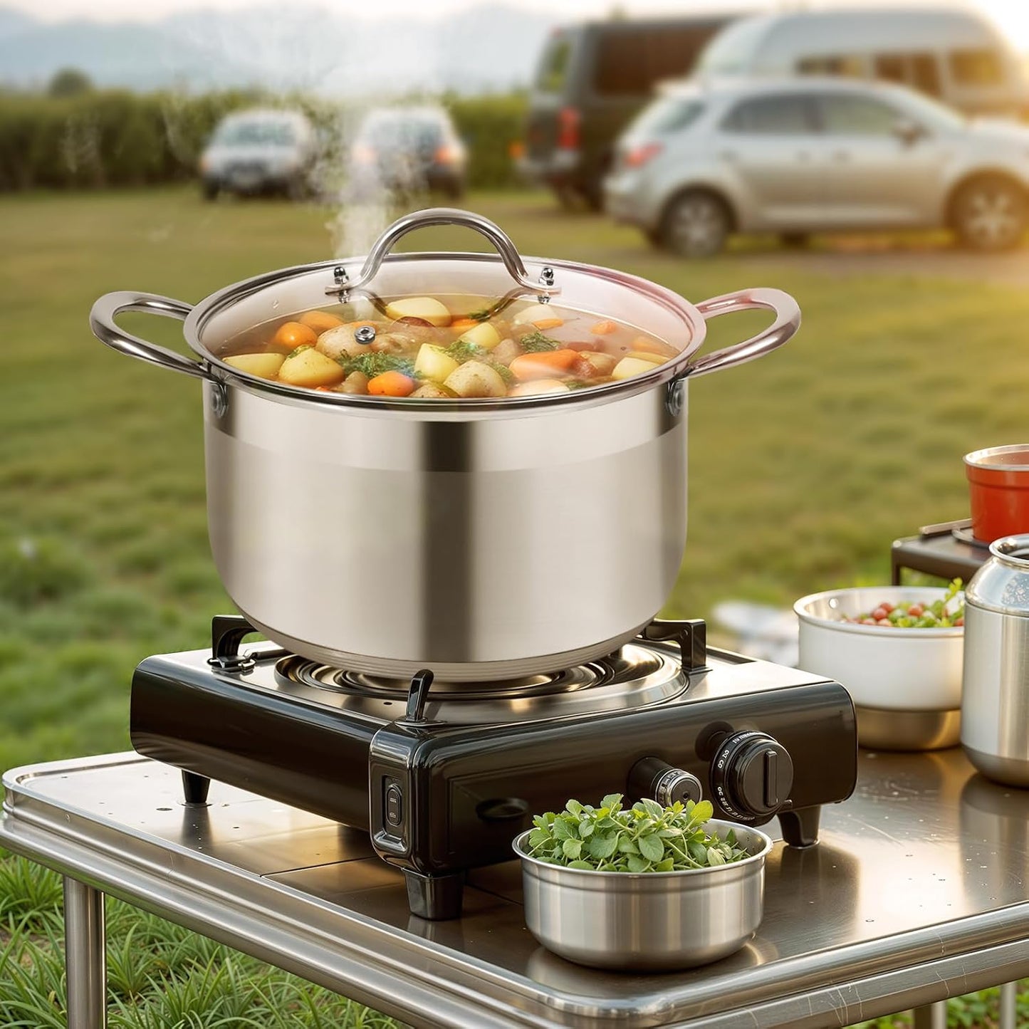 Kirecoo 8 Quart Stainless Steel Induction Stock Pot with Visible Lid | Heavy Duty, Even Heat, Thick Nonstick Base, Deep
