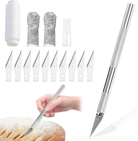 Premium Bread Lame Scoring Tool Kit,11 Blades,Stainless Steel Handle,Safety Cover with 2 Finger Sleeves Pattern String for
