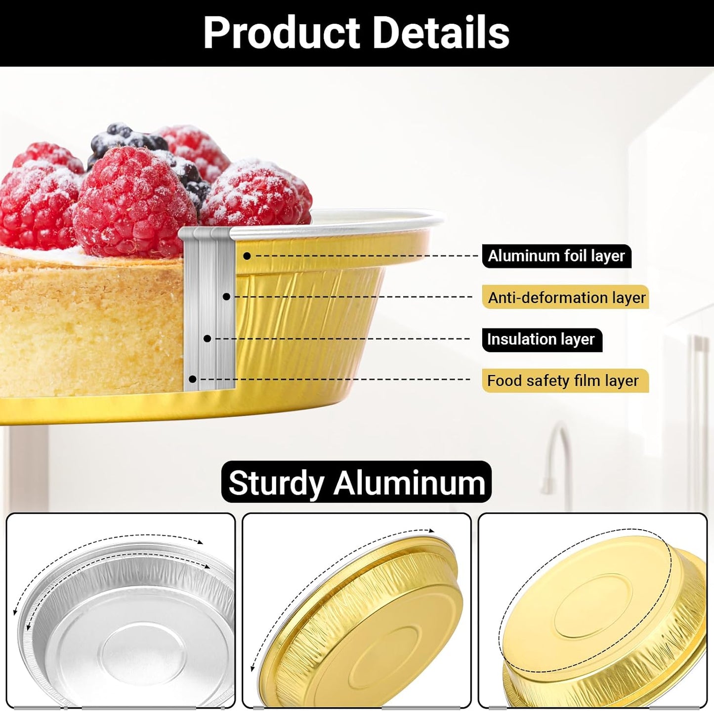 EUSOAR Gold Cupcake Liners, 25pcs 6 Inch Mini Pie Pans with Lids Baking Cups Cupcake Liners, 10oz Aluminum Muffin Pan Creme Brulee Pie Tart Brownie Holders for Bakery Wedding Birthday Party