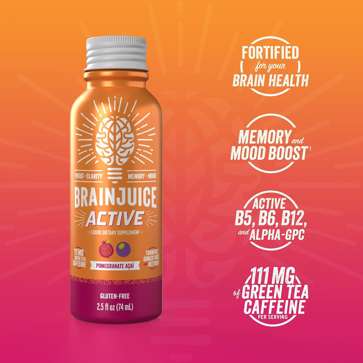 BrainJuice Decaf Active Pomegranate Acai Nootropic Supplement Shot, 2.5 fl oz, 12 Pack