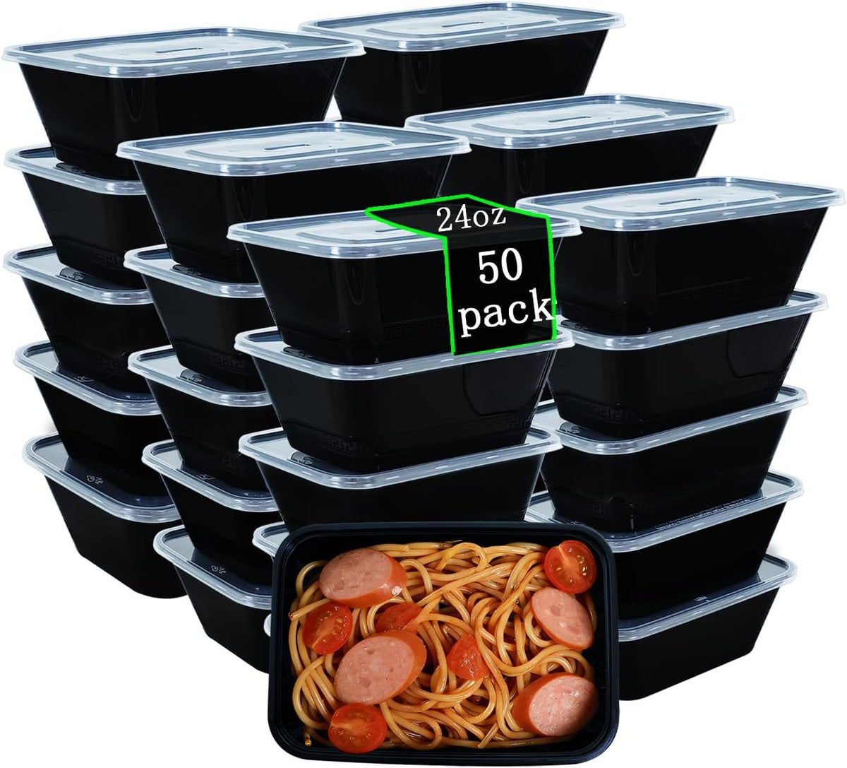50 Packs 24 oz Disposable Meal Prep Containers with Lids,To Go Take Out Plastic Food Storage, Disposable Takeaway Boxes,Freezer, Dishwasher Safe Prep Containers