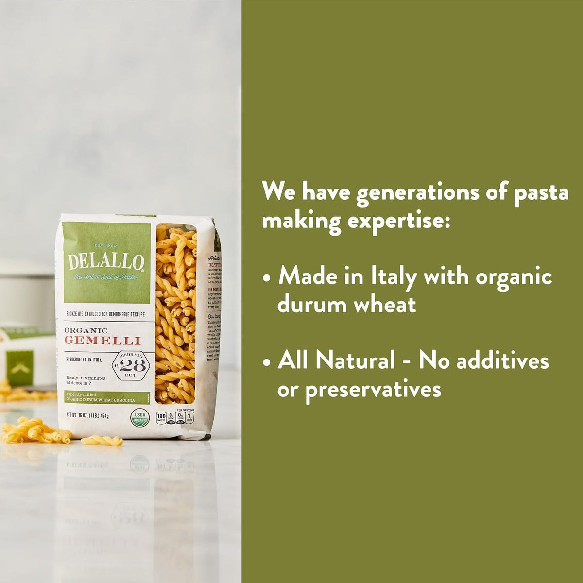 DeLallo Organic Gemelli Pasta, Made with 100% Semolina Durum Wheat Flour, Bronze Cut, Made in Italy, Non-GMO, Preservative Free, Vegan, Kosher, Twisted Pasta Shape, 1 Pound Bag, (8 Pack)