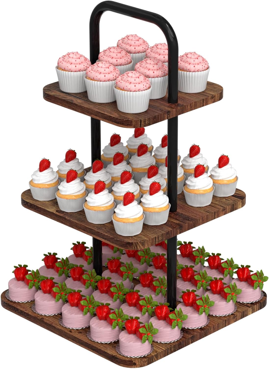 Cupcake Stand, 3-Tier Dessert Stand for 32 Cupcakes, Wood & Metal Tower Display Premium Holder Dessert Tree Tower for Wedding Graduation Birthday Christmas Party, Serving Tray