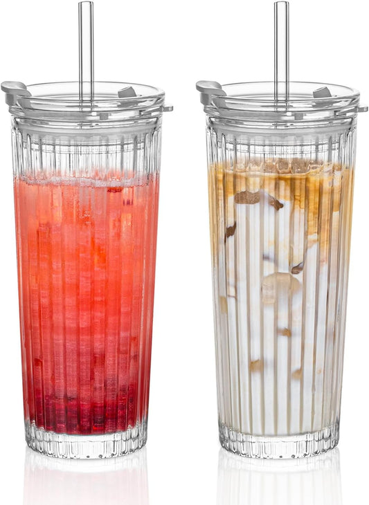 KEMORELA Ribbed Glass Tumbler with Straw and Lid – 18oz Durable Leak-Proof Drinking Cup for Hot and Cold Beverages – Stylish
