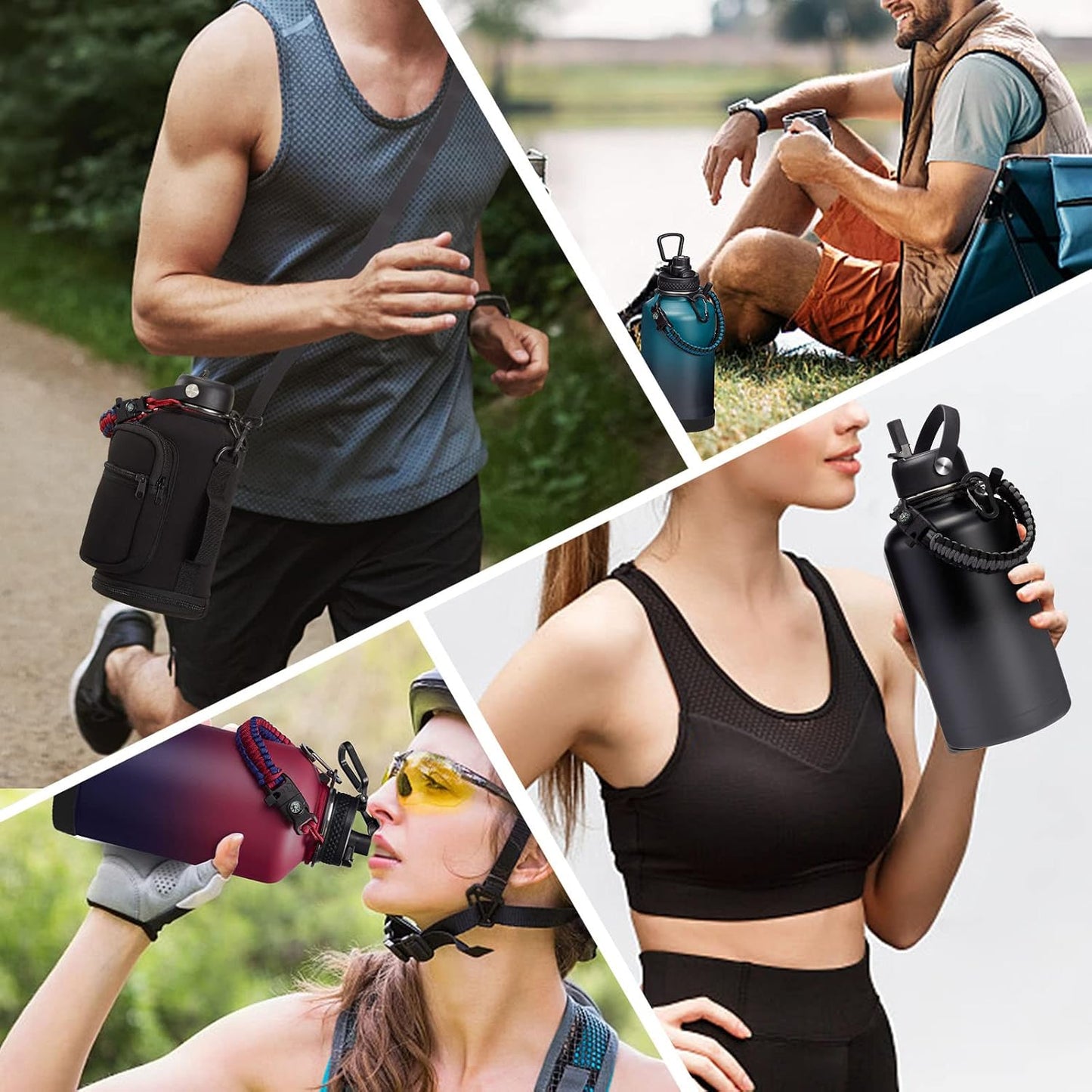Half Gallon Insulated Water Bottle - with Straw &amp; Spout Lid, Paracord Handle &amp; Carrier Bag, Protective Cup Mat, 64oz Vacuum Stainless Steel Water Bottle, Metal Vacuum Flasks Keep Cold 48h Hot 24h
