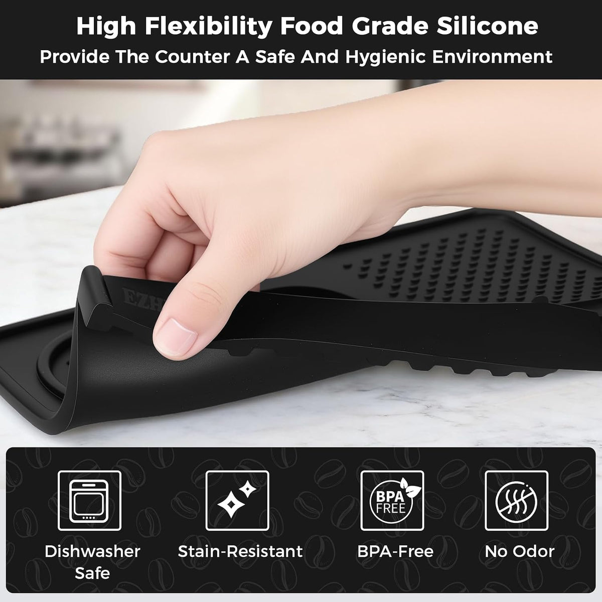 Silicone Espresso Tamping Mat for Counter Coffee Tamper Mat Black | 10.43″×5.63″ Portafilter Mat for Barista Espresso Machine Accessories, Waterproof Coffee Bar Mat, Heat Resistant Tamp Station