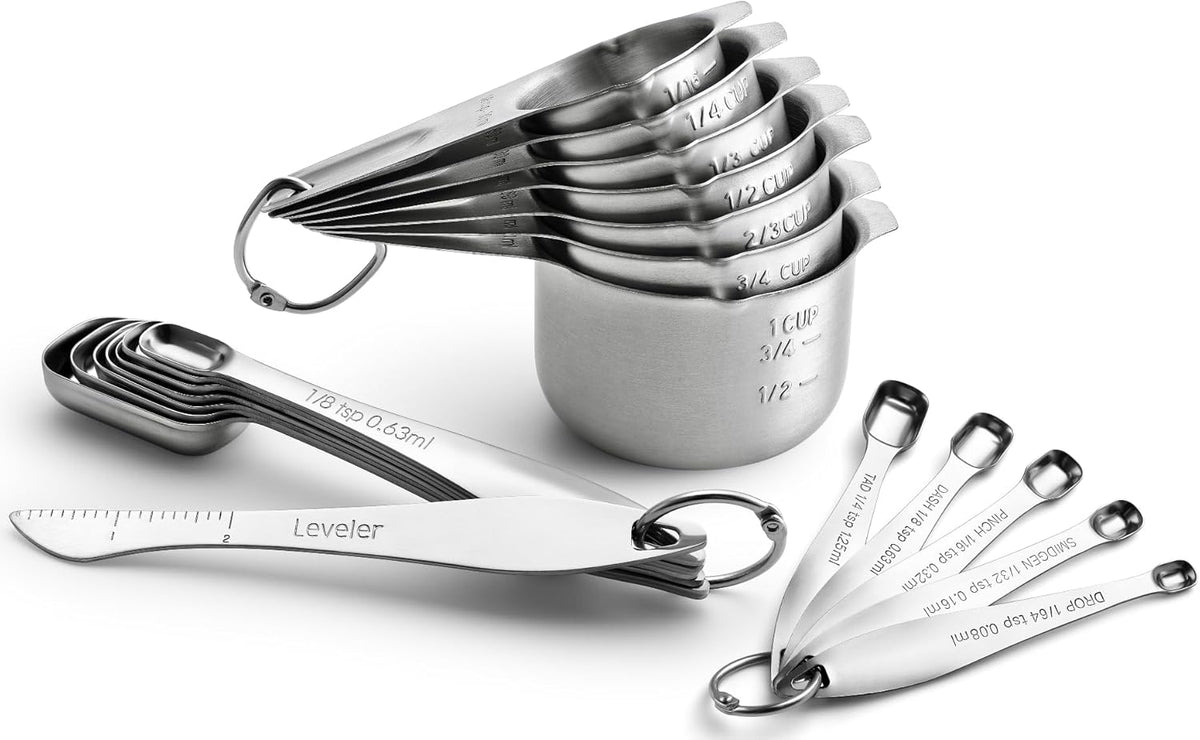 Spring Chef Stainless Steel Measuring Cups & Spoons Set of 20 with Leveler, Nesting 7 Metal Measuring Cups & 13 Spoons for Dry & Liquid Ingredients, Dishwasher Safe Kitchen Tools for Cooking & Baking