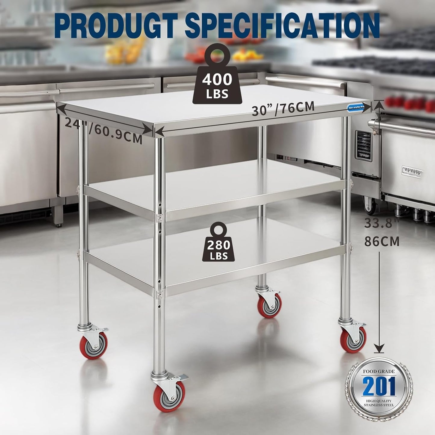 Stainless Steel Table with Wheels Stainless Steel Prep Table 24 x 30 Inch, NSF Commercial SS Metal Kitchen Prep Worktable for Restaurant Kitchen Garage Warehouse