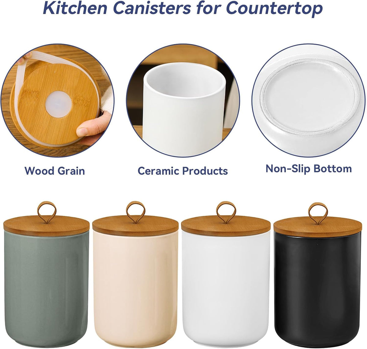 Large Ceramic Storage Jars, Modern Elegant Highly Polished Airtight Gorgeous Storage Canisters with Wooden Lid Food Storage Jar for Kitchen Spice Tea Vanilla Sugar Coffee Beans (Black)