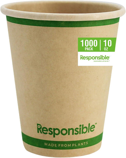 10 oz Paper Hot Cups Bulk, Tree-Less™ Compostable Paper Coffee Cups, Extra Strength, Tree-Free and Made Without PFAS,