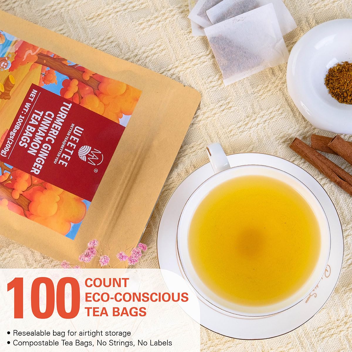WT WEETEE Turmeric Ginger Cinnamon Tea Bags 100 Count, Smooth Earthy Blend | Caffeine-Free Infusion with Real Turmeric, Spicy Ginger &amp; Sweet Cinnamon | Antioxidant-Rich Daily Tea, Enjoy Hot or Iced