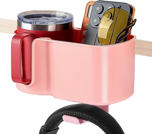 KEMIMOTO Desk Cup Holder with Headphone Hanger, 2 in 1 Caddy Organizer for Office Table, Lawn Chair, Golf Cart, Pontoon