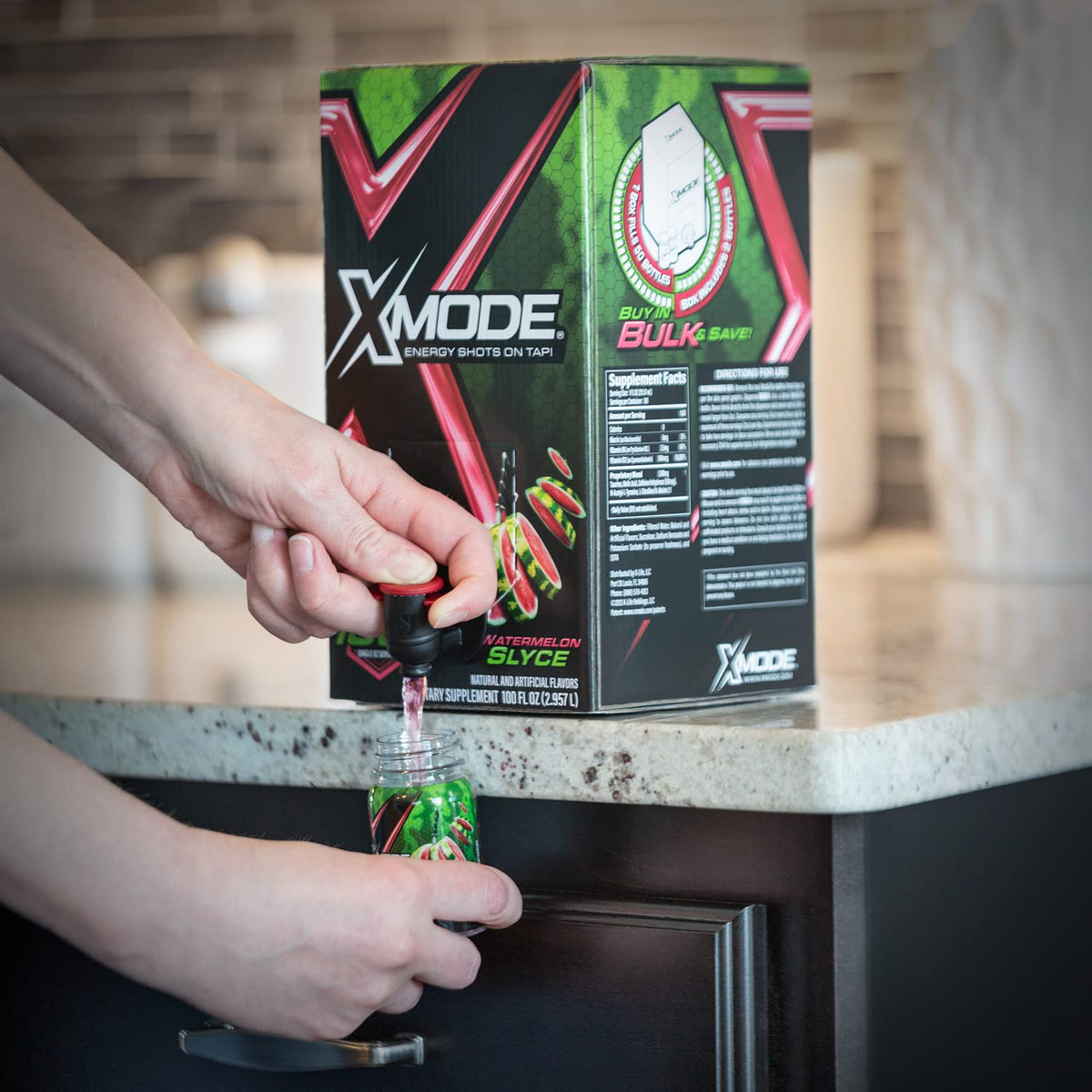 XMODE Energy Shots on Tap Dispenser – 100 (1oz) Servings with 2 Refillable Bottles, Watermelon Slyce Flavor, Extra Strength with 150mg Caffeine/oz, B12 and Sugar Free