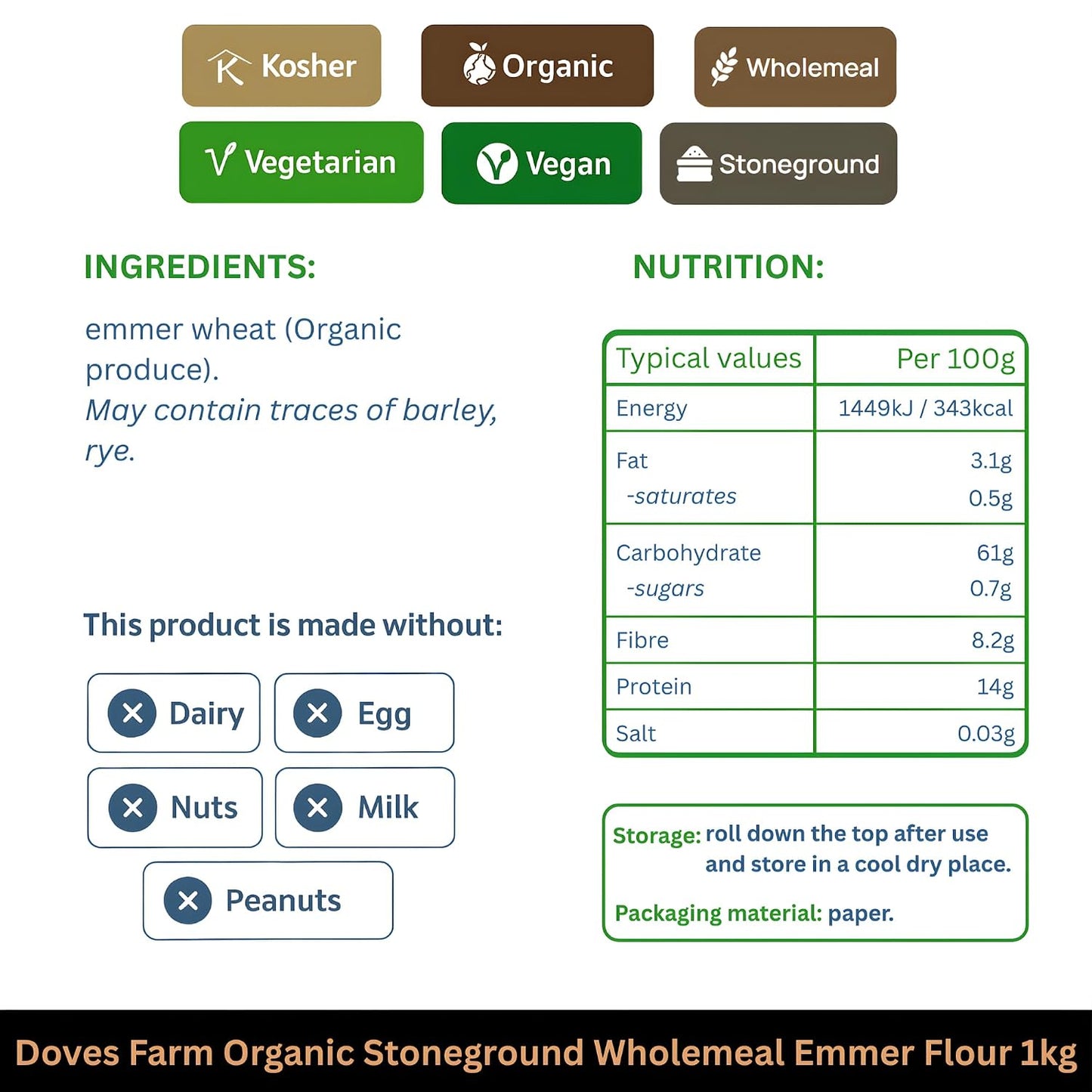 Doves Farm Organic Stoneground Wholemeal Emmer Flour 2.2 lb (1 kg) - High Protein Ancient Grain Emmer Whole Wheat, British Baking Flour for Breads &amp; Cakes, Kosher &amp; Vegan, Imported from UK