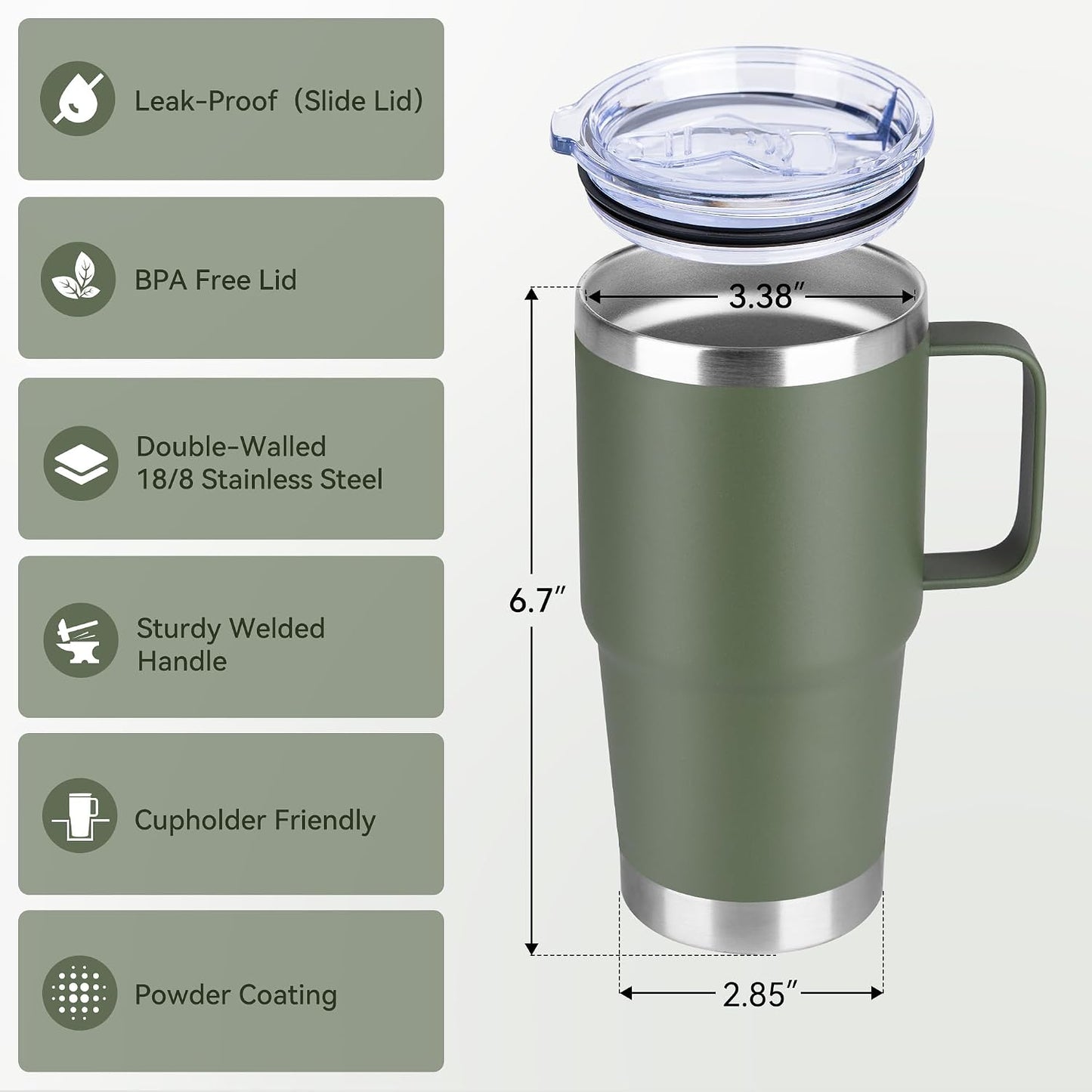 20oz Tumbler Bulk with Lid, Stainless Steel Tumbler Bulk with Handle, Metal Insulated Travel Coffee Mug Set with Handle, Double Wall Vacuum Leak Proof Tumbler Cup, Amy Green 6 Pack
