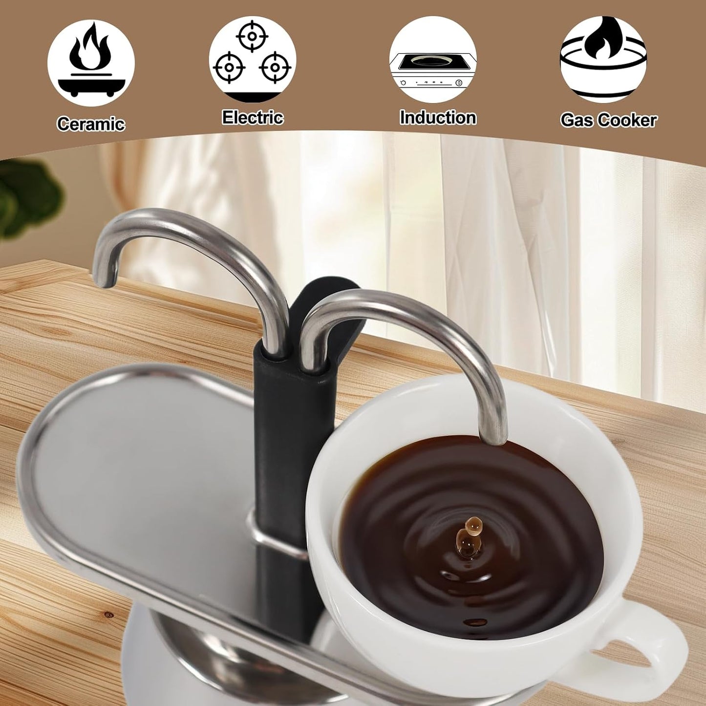 Uncoated 2 Cup Dual Pipe Moka Pot 304 Thickened Stainless Steel | Mini Coffee Maker Stovetop Espresso Coffeemaker Italian Classic Style Brewing Greca Cafe Machine for Cafeteras Travel 150ml