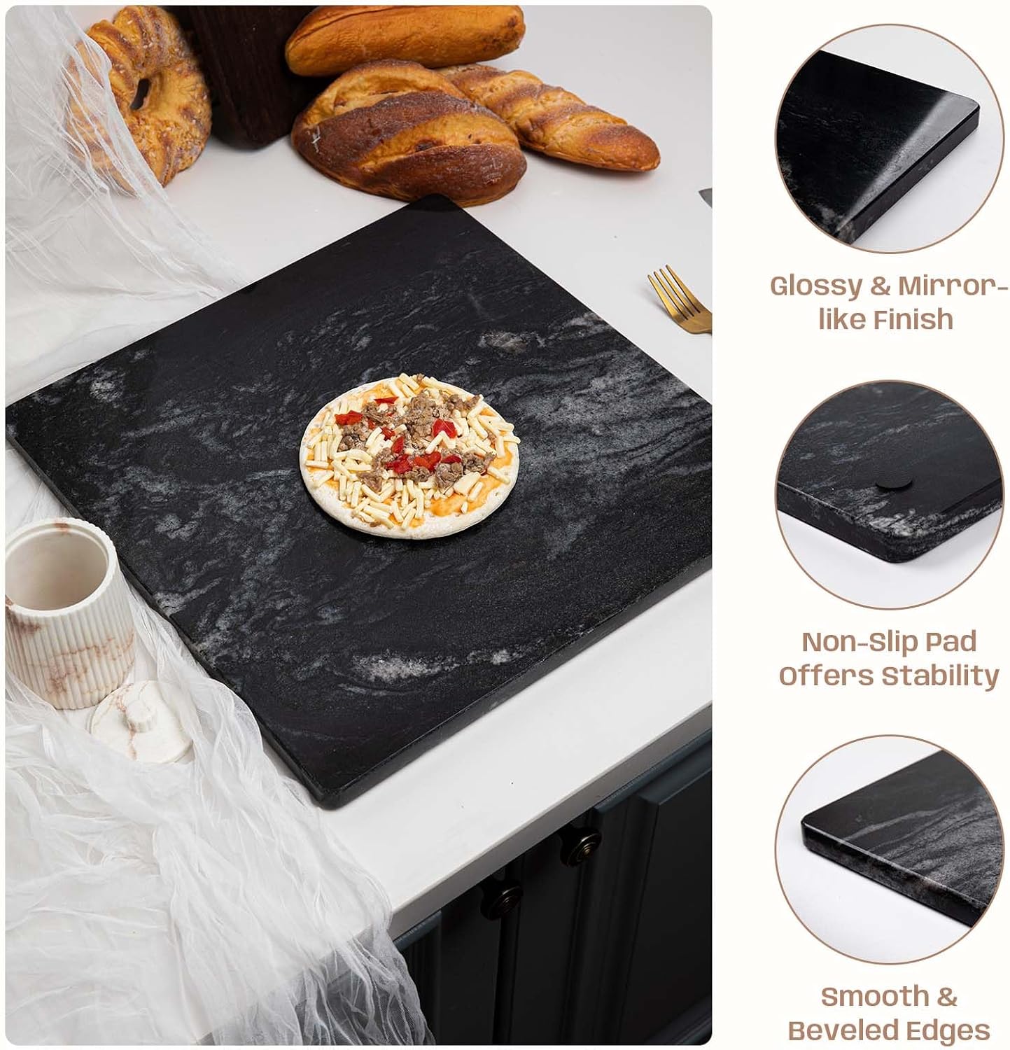 Black Marble Cutting Board, 16×16In Stone Cutting Boards for Kitchen | Marble Slab Pastry Board With Non-Slip Feet for Baking Cheese Charcuterie Dough - Wedding Gift, Easy Clean and Drain