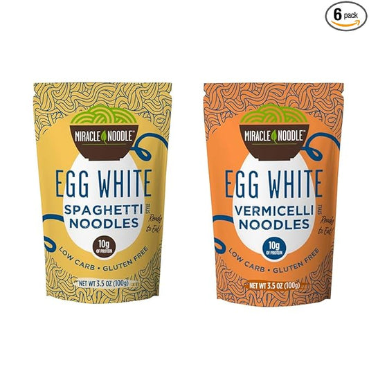 Miracle Noodle Egg White Pasta Variety Pack, 3.5 Oz (Pack of 6), Spaghetti, Vermicelli, Ready to Eat Egg White Noodles, 10g