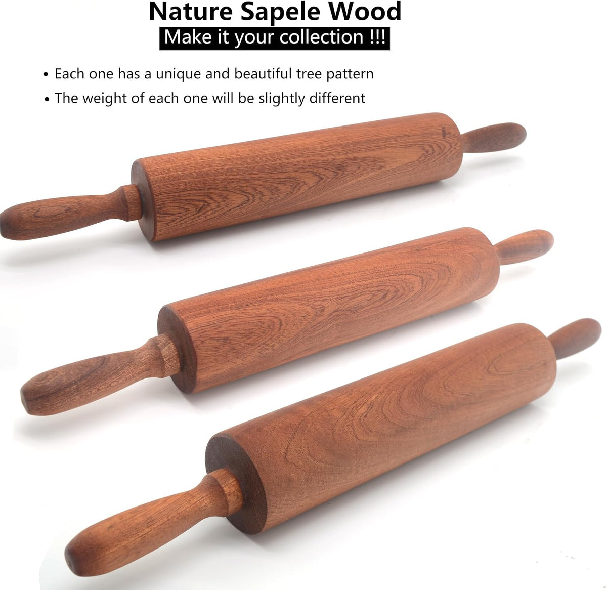 Classic Sapele Wooden Rolling Pin With Handles Large17.3"L x 2.3"W