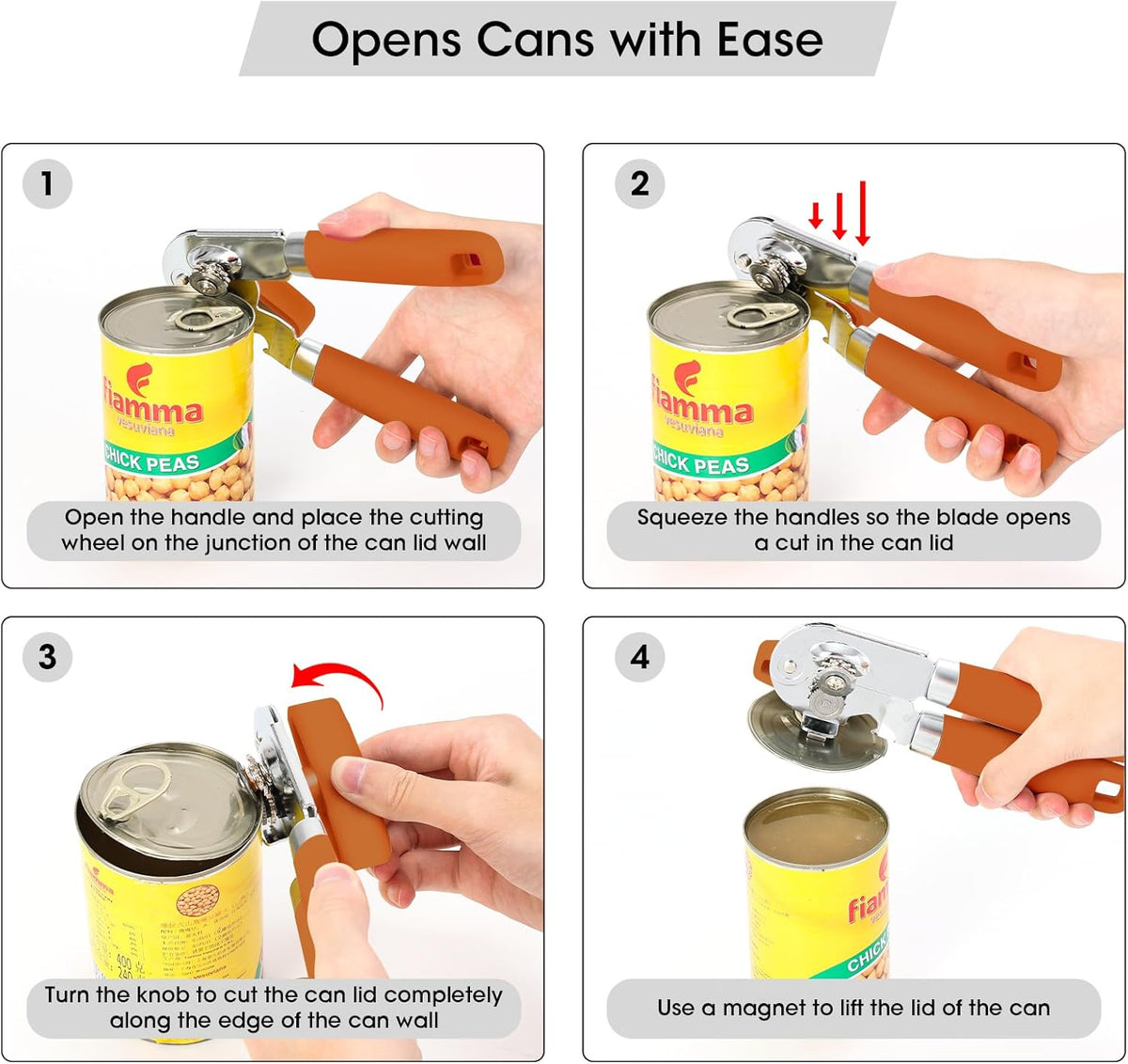 Beneno Can Opener Manual with Magnet, Hand Held Heavy Duty Can Opener with Durable Sharp Blade Smooth Edge, Big Effort-Saving Knob, Soft Grip Rubber Handle, Multifunctional Bottle Opener, Orange