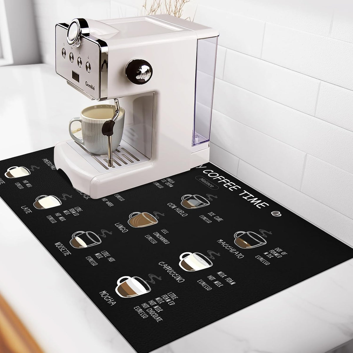 Matace Coffee Bar Mat for Countertop, Absorbent Coffee Station Decor Accessories, Non-Slip Dish Drying Mat, Hide Stains Rubber Backing, 12" x 19", Coffee Flavor Menu