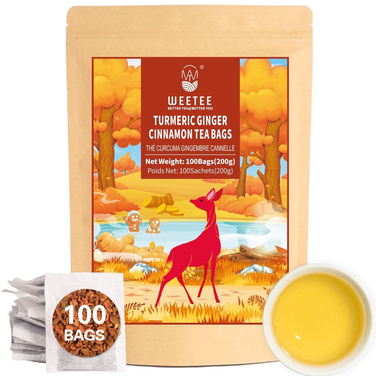 WT WEETEE Turmeric Ginger Cinnamon Tea Bags 100 Count, Smooth Earthy Blend | Caffeine-Free Infusion with Real Turmeric, Spicy Ginger &amp; Sweet Cinnamon | Antioxidant-Rich Daily Tea, Enjoy Hot or Iced