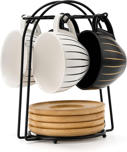 LUKA Ceramic Demitasse Espresso Cups Set with Saucers and Metal Stand, 8 oz Porcelain Cappuccino Cups Teacup For Tea,