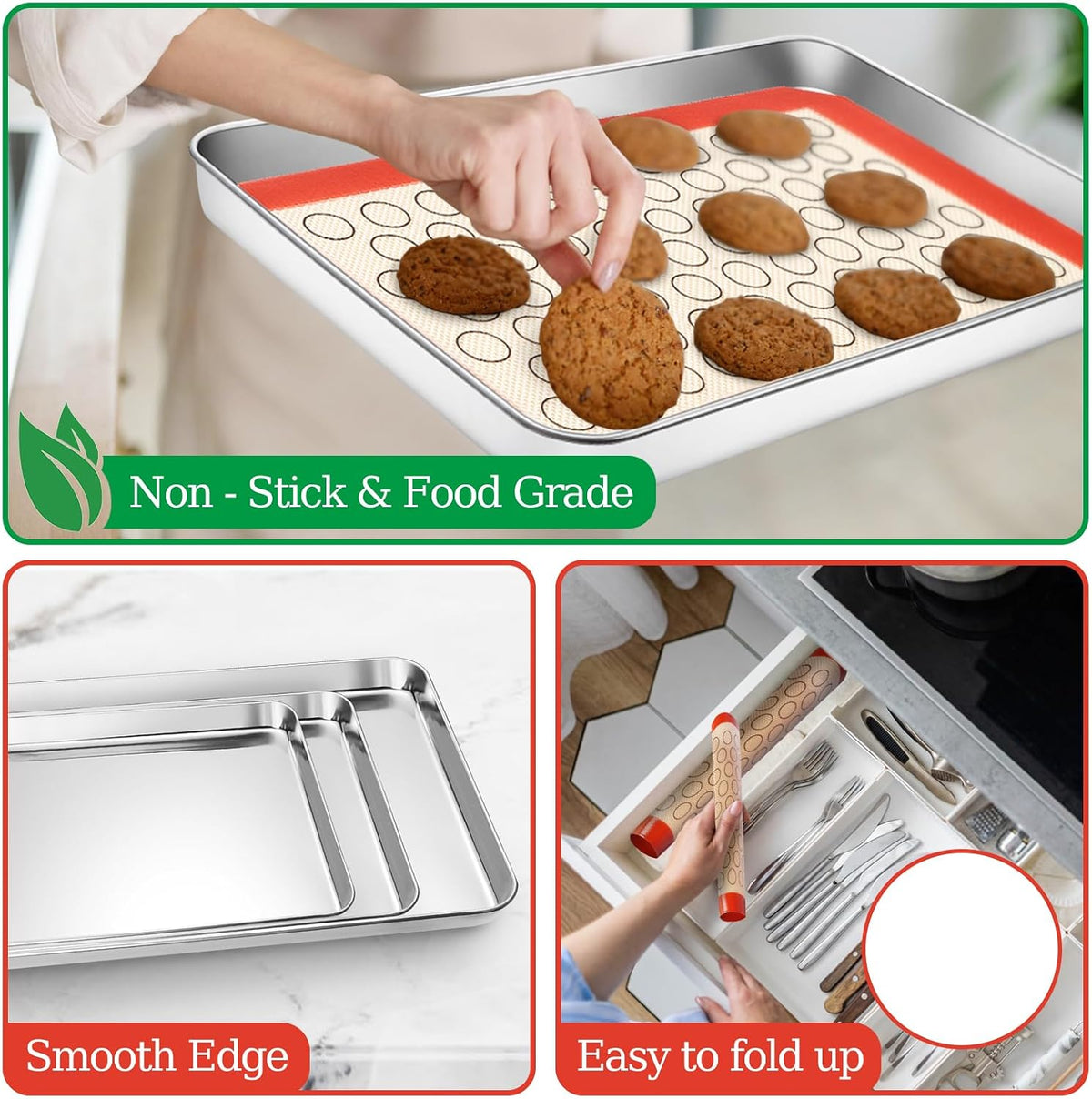 Baking Sheet with Silicone Baking Mat Set, Stainless Steel 3 Pans + 3 Mats | 9/10/12 Inches Cookie Sheets for Baking, CEKEE Baking Sheet Pan Set, Heavy Duty Design for Baking, Roasting and Cooking