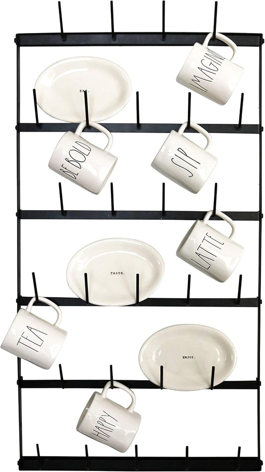Wall Mounted Coffee Mug Rack - Large Rustic Black Iron Steel Kitchen Rack with 6 Rows - Storage for 27 Cups - Jar & Plate
