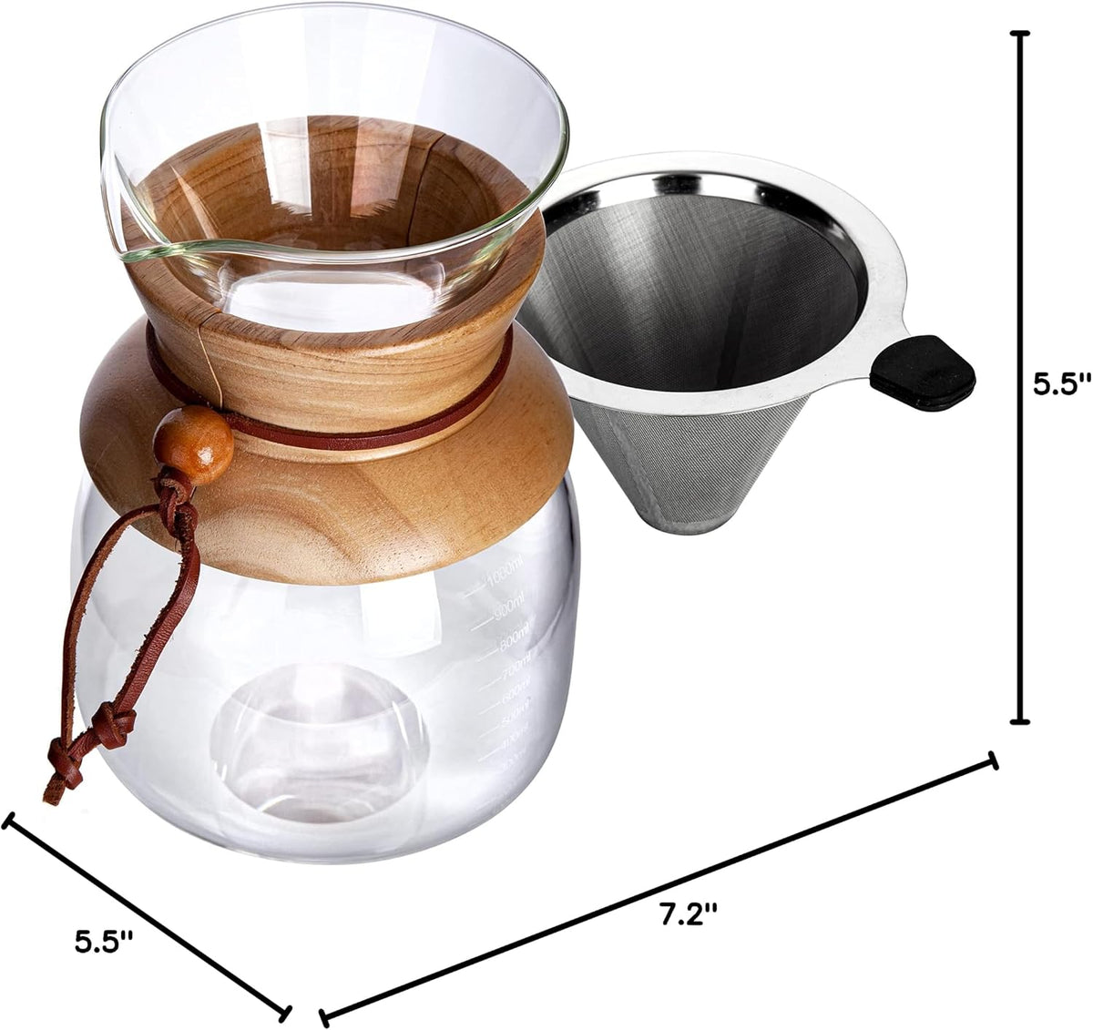 AGOGO Glass Pour Over Coffee Maker, 34oz with Stainless Filter