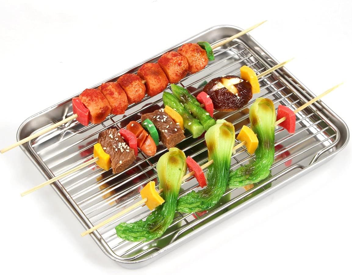 Baking Sheet with Cooling Rack (1 Cookie Sheet + 1 Baking Rack), Stainless Steel Small Baking Sheet Pan with Wire Rack, Toaster Oven Pans Size 10.4 x 8 x 1 Inch, Non-toxic &amp; Heavy Duty &amp; Non-stick