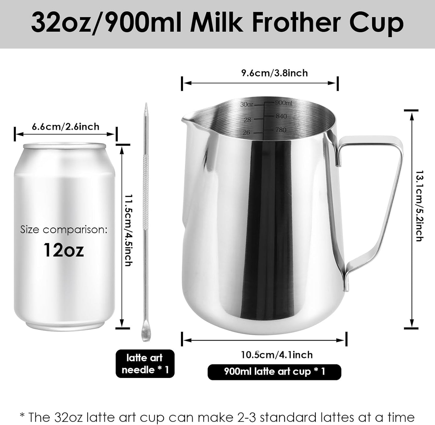 32oz Stainless Steel Milk Frothing Pitcher with Measurement Marks &amp; Art Pen