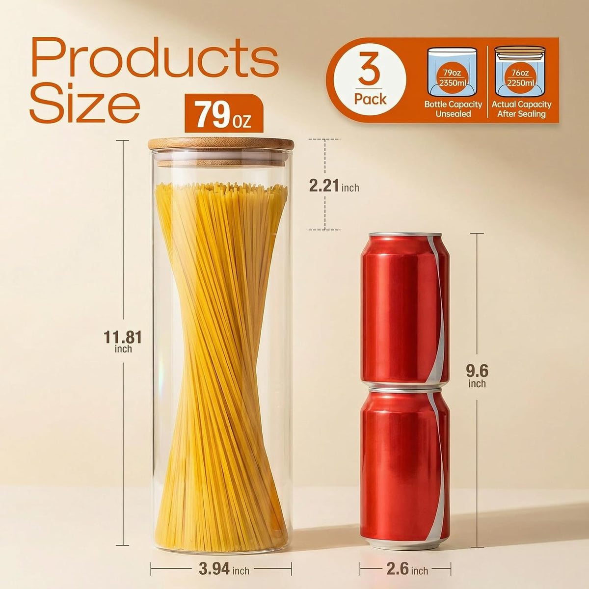79oz Tall Glass Pasta Storage Containers with Airtight Bamboo Lids, 3 Pack