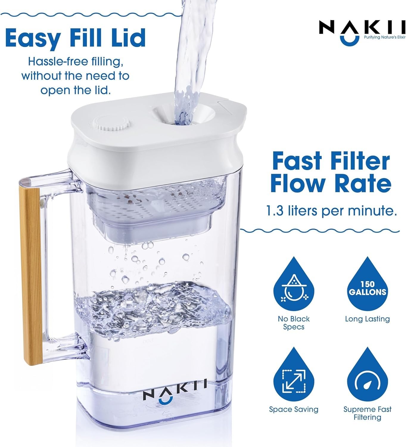 Nakii Water Filter Pitcher 1.8L - Long Lasting 150 Gallons Filtered Water Pitchers With Fast Filtration &amp; Purification Technology - Removes Chlorine, Metals For Clean Tasting Water - WQA Certified