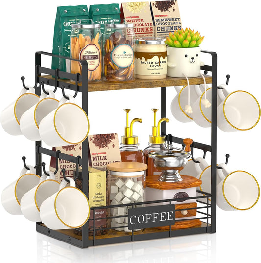 EsLuker.ly Coffee Mug Cup Holder Tree Bar Station Organizer, 2 Tier Mug Stand Rack for Countertop Kitchen, Storage Tower