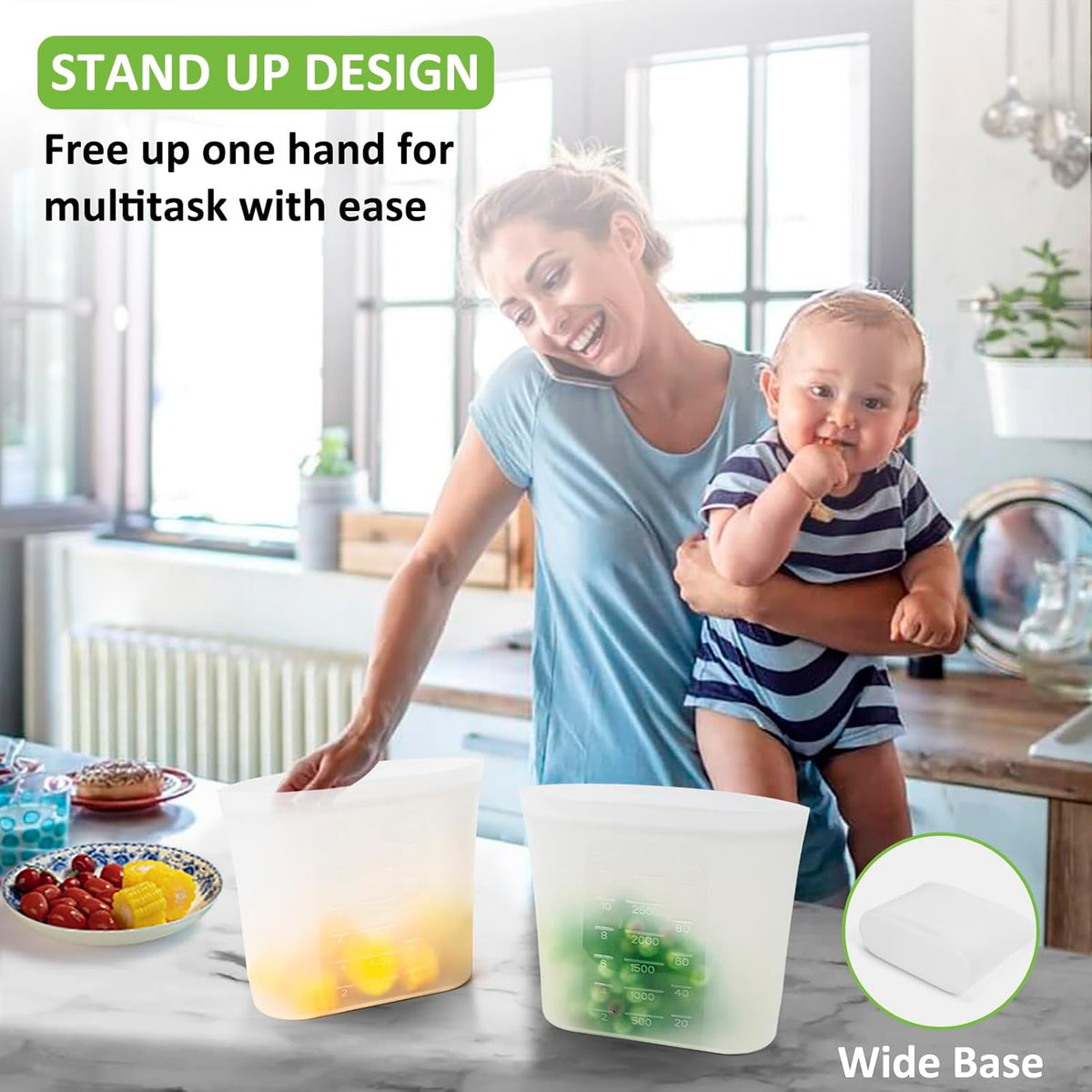 Reusable Storage Bags Extra Large, 0.8 Gallon/101 fl.oz/3000 ml, 4 Pack 100% Silicone Food Storage Bags Stand Up Zip Lock for Large Food Items, Freezer Microwave Oven Dishwasher Safe, Translucent