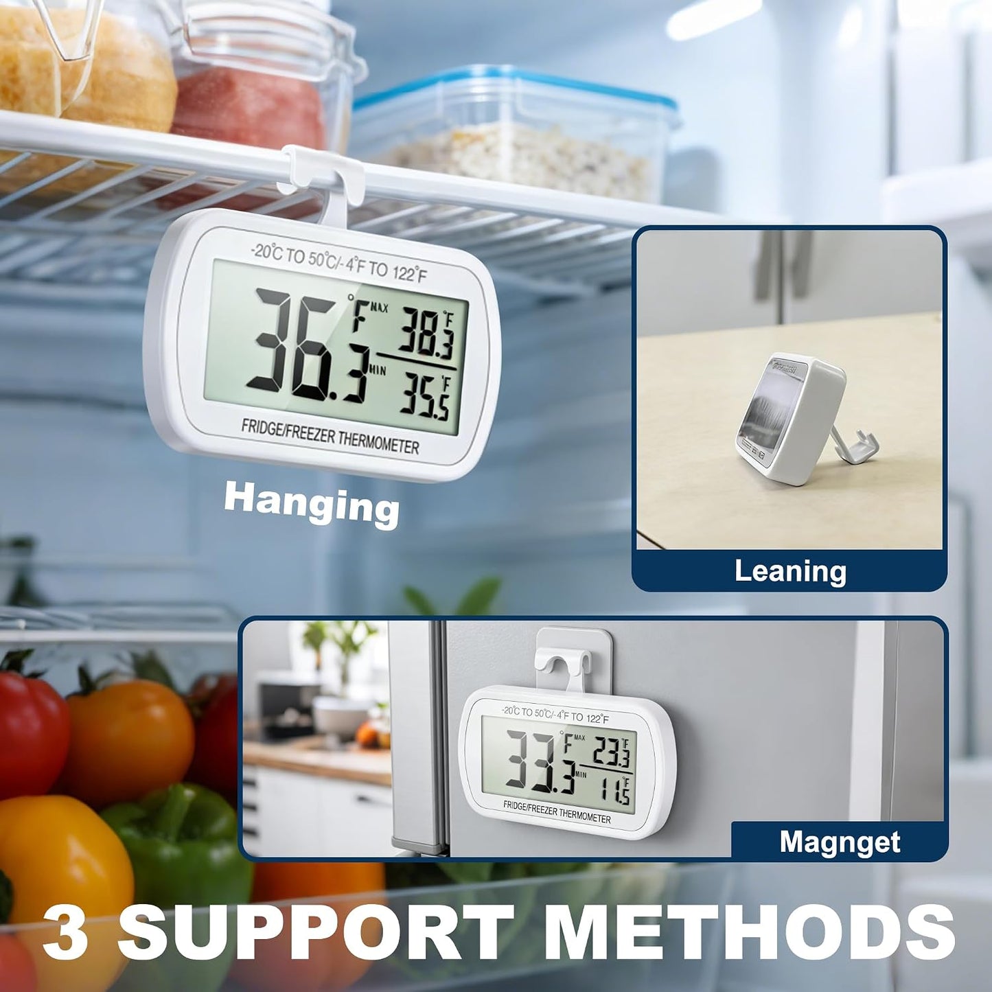 Waterproof Refrigerator Fridge Thermometer, Digital Freezer Room Thermometer, Max/Min Record Function Large LCD Screen and Magnetic Back for Kitchen, Home, Restaurants (2 Pack)