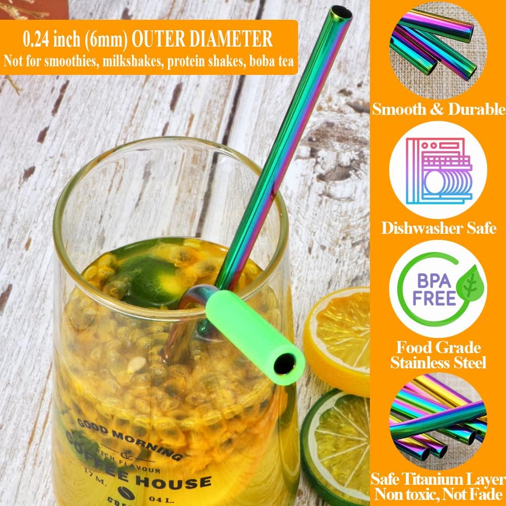 Lazycorner 16 Pcs Metal Straw Reusable 8.5" 10.5" 6mm Stainless Steel Straws for Tumblers 20oz-32oz, Rainbow Drinking Straws with Silicone Tips, 4 Straw Cleaner Brush, 1 Travel Case