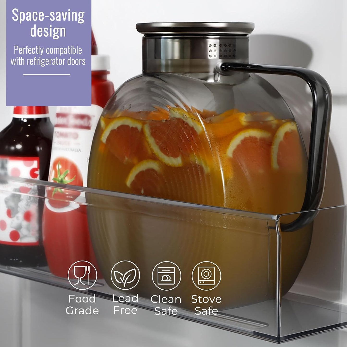 Glass Pitcher With Lid, 2 Liter 68 oz Glass Water Pitchers With handle and lid, 0.528 Gallon Tea Pitcher For Fridge, Carafe Jug Jar For Hot/Cold Water Iced Tea Juice Coffee Milk Beverage (Grey)