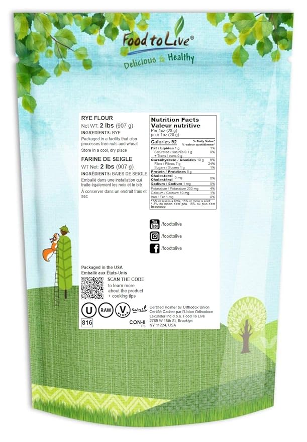Food to Live Rye Flour, 2 Pounds – Stone Ground from Whole Grain Rye Berries, Kosher, Vegan, Bulk, Great for Bread Baking, Product of the USA