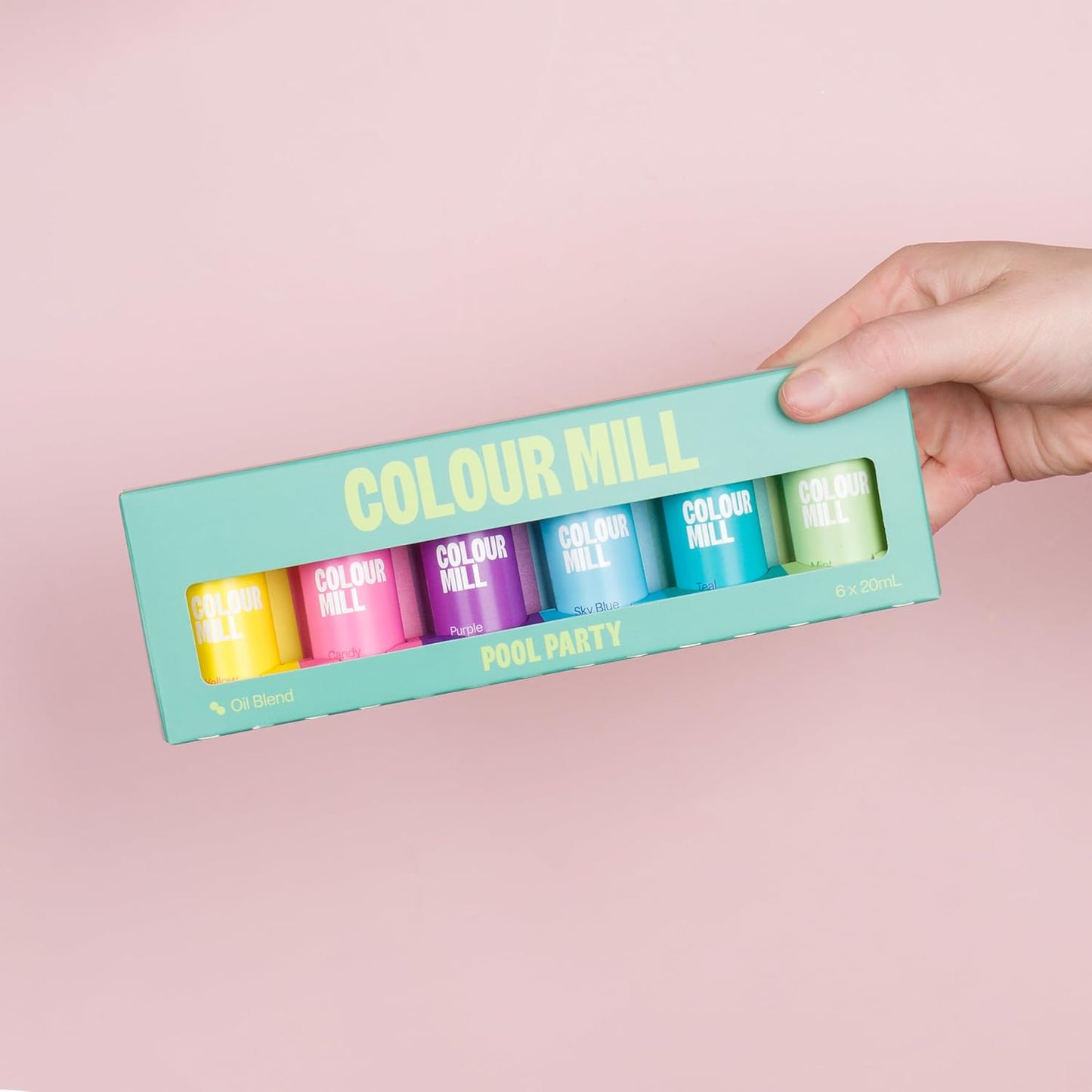 Colour Mill Pool-Party Pack Oil-Based Food Coloring, 20 Milliliters Each of 6 Colors: Candy, Mint, Purple, Sky Blue, Teal and Yellow 4.08 Fl Oz 120 milliliters