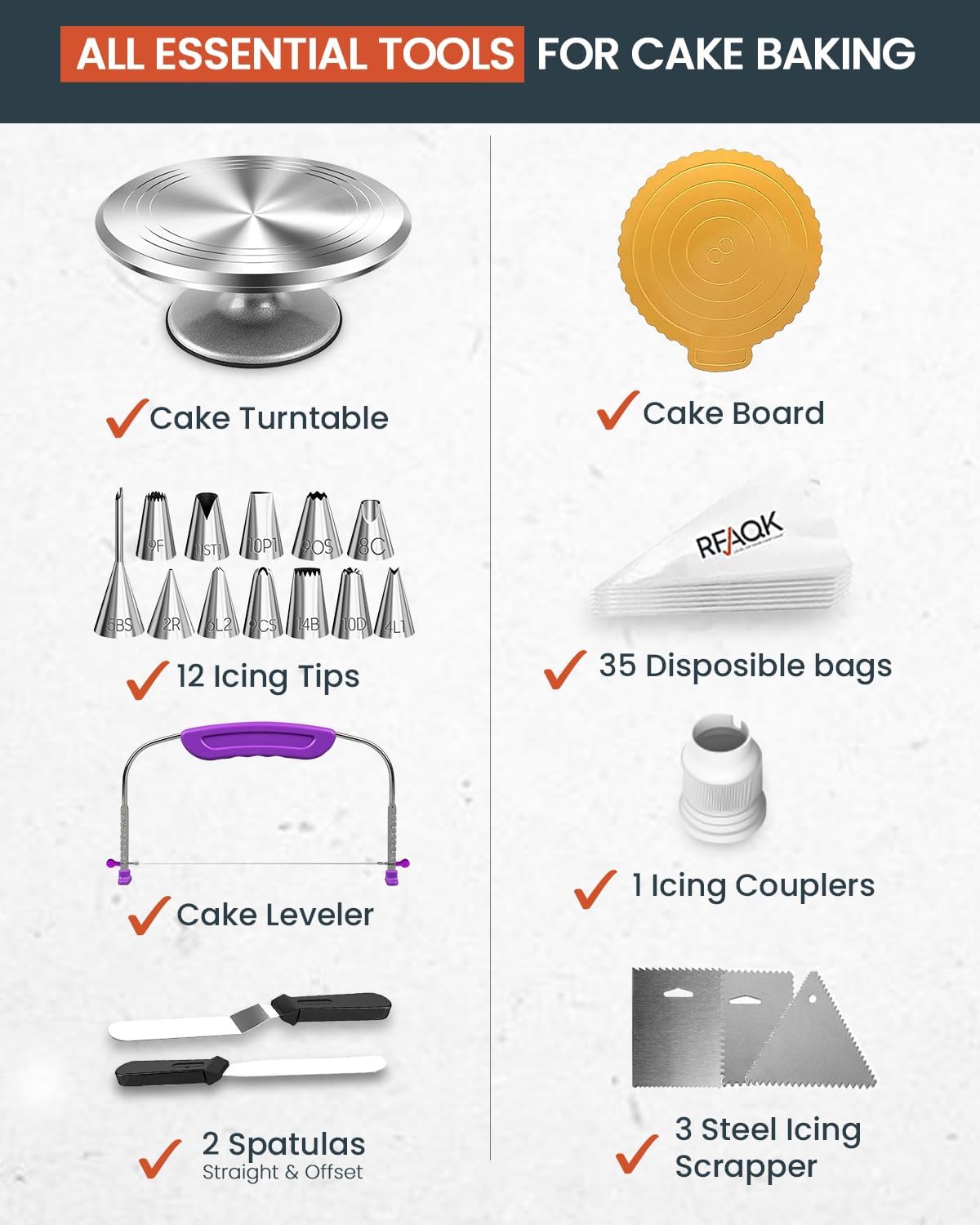 RFAQK 50PCs Cake Decorating Supplies Kit with 12" Aluminum Rotating Cake Turntable Stand